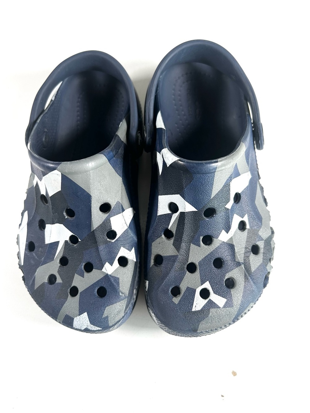 Crocs Baya Clogs Slip-on Shoes Blue Gray Geometric Camo Print Child Size 12